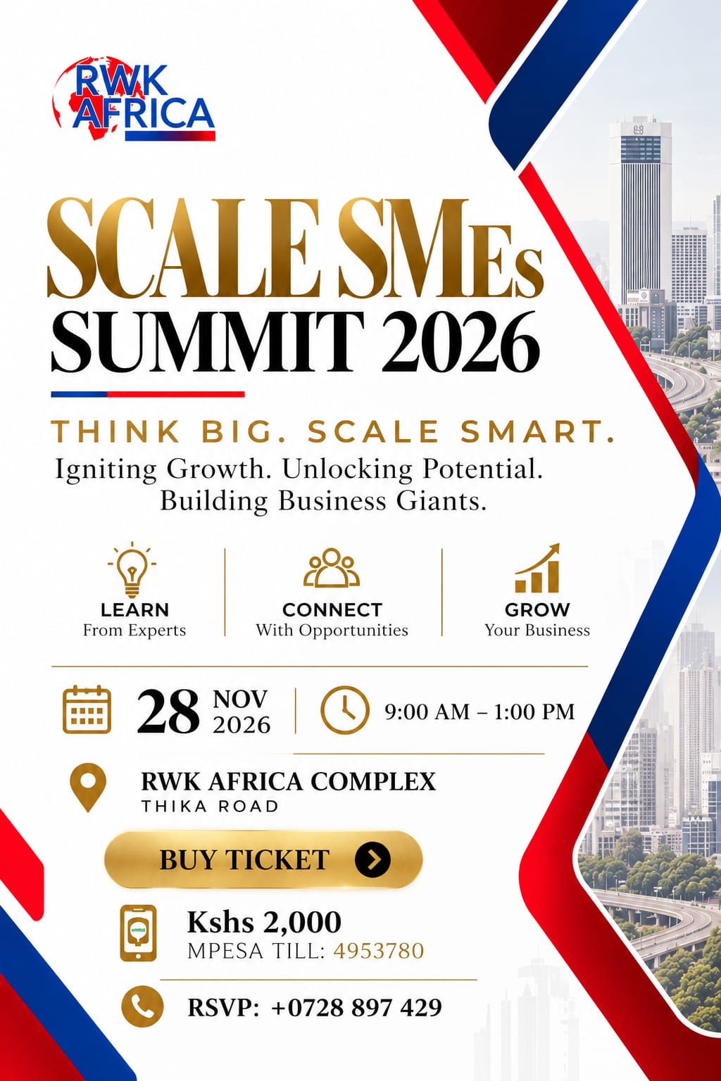 Scale SMEs Summit 2026 flier — 28 November 2026, 9:00 AM to 1:00 PM, RWK Africa Complex, Thika Road